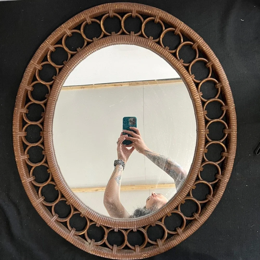 Vintage Faux Rattan Oval Wall Mirror Brown Boho Mid Century Modern 25.5